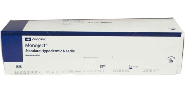 Monoject Rigid Pack Hypodermic Veterinary Needle, Aluminum Hub, Intermediate Bevel, Tan, 14g x 1.0", Box/100