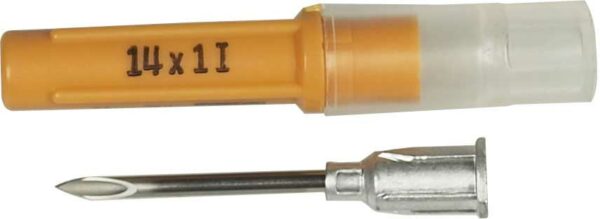 Monoject Rigid Pack Hypodermic Veterinary Needle, Aluminum Hub, Intermediate Bevel, Tan, 14g x 1.0", 1 Count