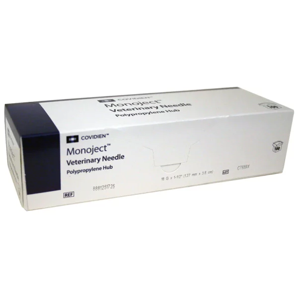 Monoject Hypodermic Veterinary Needle, Polypropylene Hub, Regular Bevel, Green, 18g x 1.5", box/100