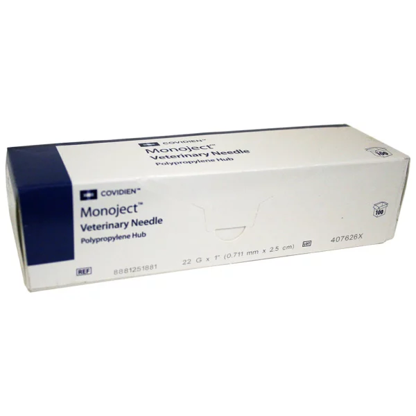 Monoject Hypodermic Veterinary Needle, Polypropylene Hub, Regular Bevel, Blue, 22g x 1.0", box/100